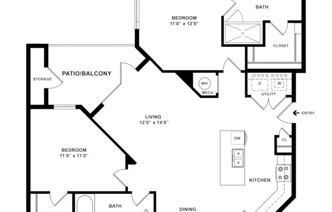 2 beds, 2 baths, 1,005 sqft, $1,502