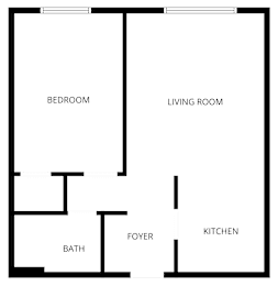 A floor plan of a house with a bedroom, living room, kitchen, bath, and foyer.