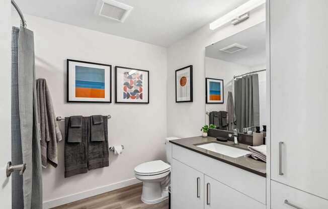 A bathroom with a toilet, sink, and a mirror.