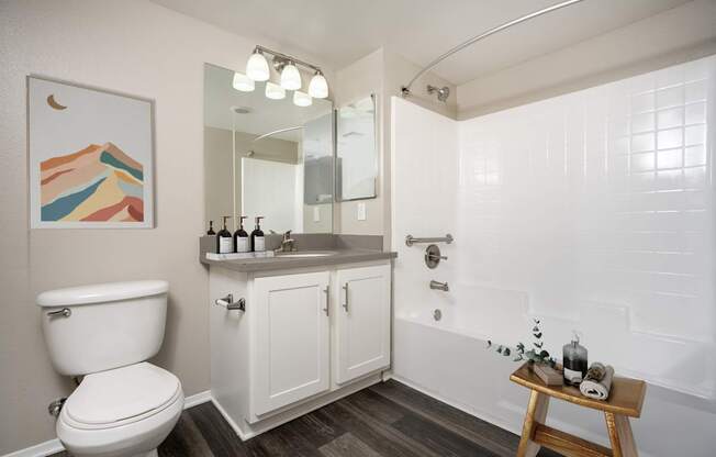 A bathroom with a toilet, sink, and a mirror.