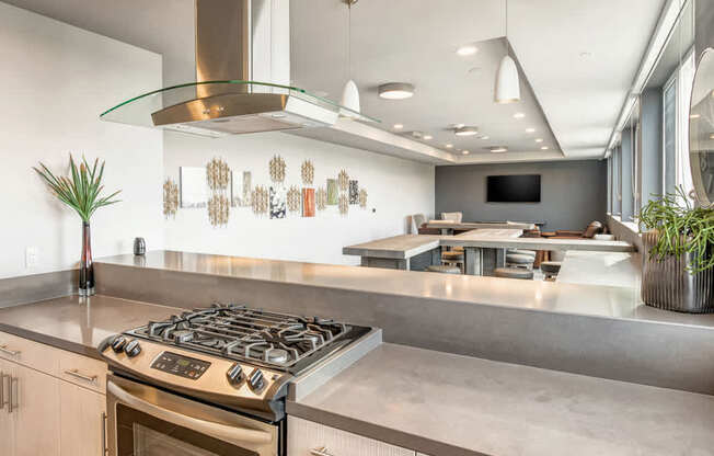 A modern kitchen with a stove top oven and a range hood.