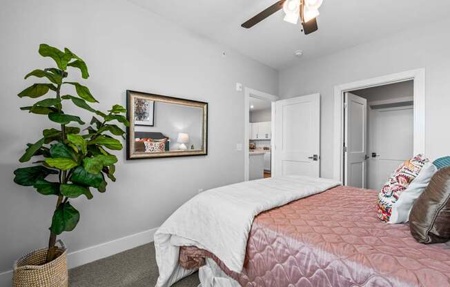 A bedroom with a bed, a ceiling fan, and a potted plant.
