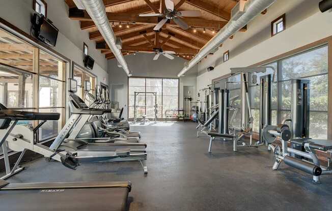 A gym with treadmills, elliptical machines, and a fan.