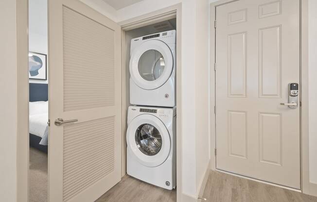 a washer and dryer in a closet with doors