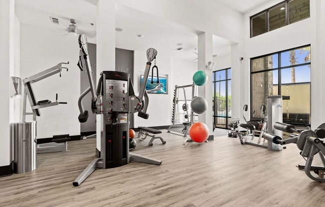 A gym with a variety of equipment including a treadmill, weights, and a bench press.