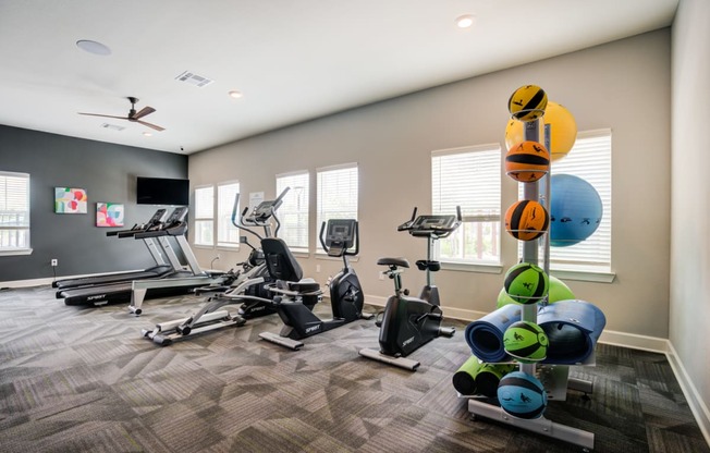 Fitness room with cardio equipment and medicine balls on a rack at Aurora Apartments in Madison, Alabama