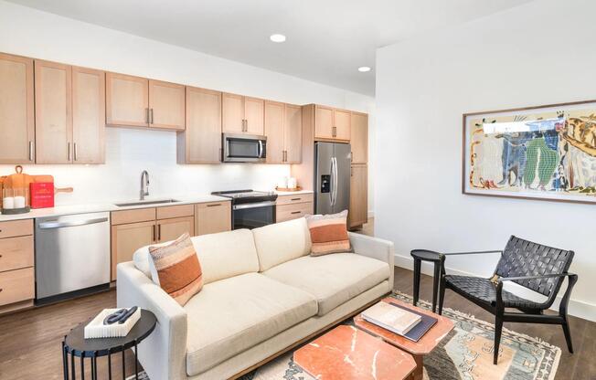 Elevate your culinary experience with sleek quartz countertops, soft-close cabinets, and ambient under-cabinet lighting.