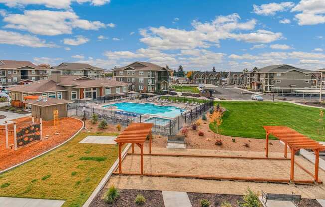 Aerial View of RedPoint Clubhouse and Pool Area