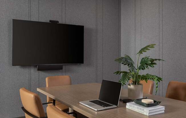 A conference room with a long table, chairs, a laptop, and a plant.