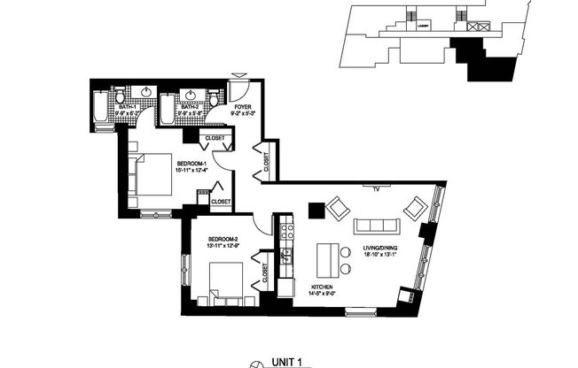 2 beds, 2 baths, 1,227 sqft, $2,400, Unit 1001