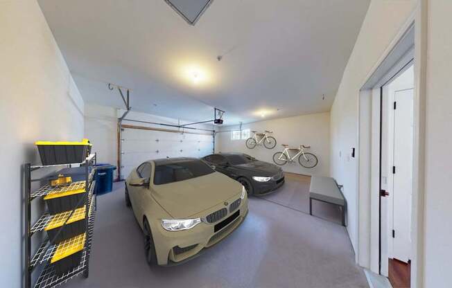 A car is parked in a garage with a bicycle hanging from the ceiling.
