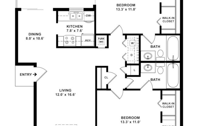 2 beds, 2 baths, 950 sqft, $905