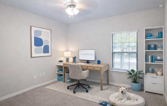 A room with a desk, chair, and a dog on a bed.