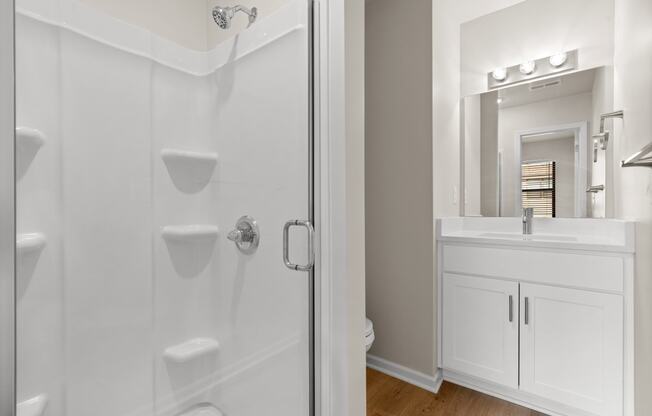 a bathroom with a shower and a sink and a mirror