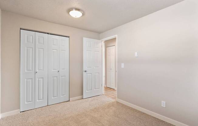 A room with two white doors and a carpeted floor.