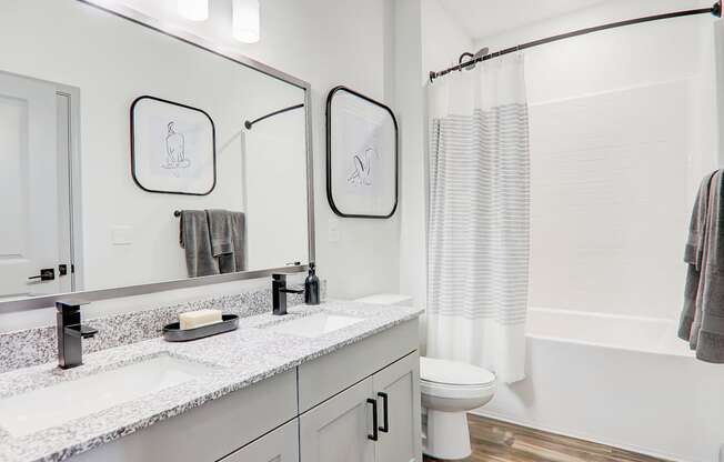 a bathroom with two sinks and a shower and a toilet