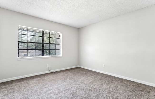 an empty bedroom with a window and carpeting