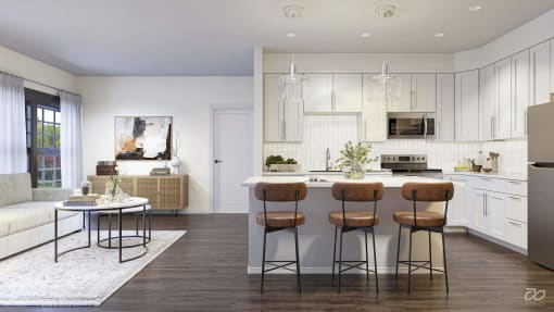 a rendering of a kitchen and living room with white cabinets and a white countertop at The Encore at Ingram Manor, Maryland