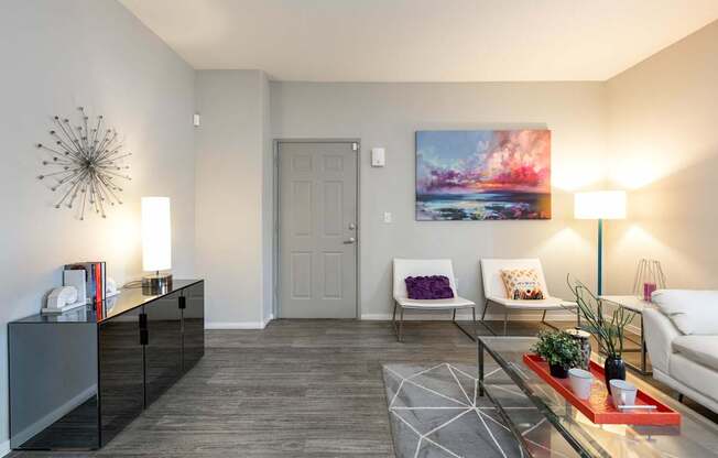 a living room with a couch and a table