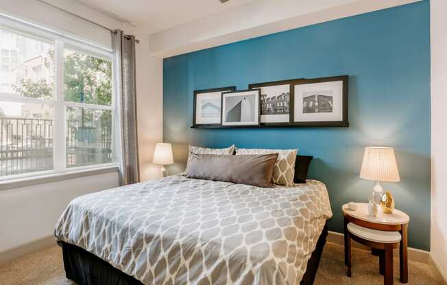 City House Apartments Model Bedroom and NIghtstand