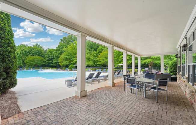 A patio with a table and chairs overlooking a pool.