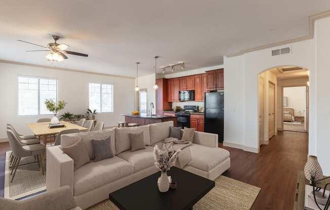 a living room with a couch and a table