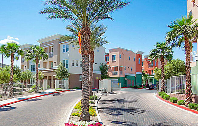A palm tree stands in front of a building with a red brick road.