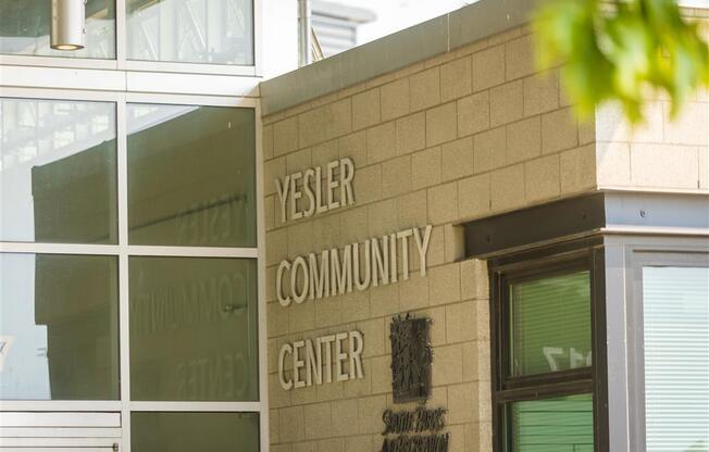 a building with the yerkes community center on the side of it