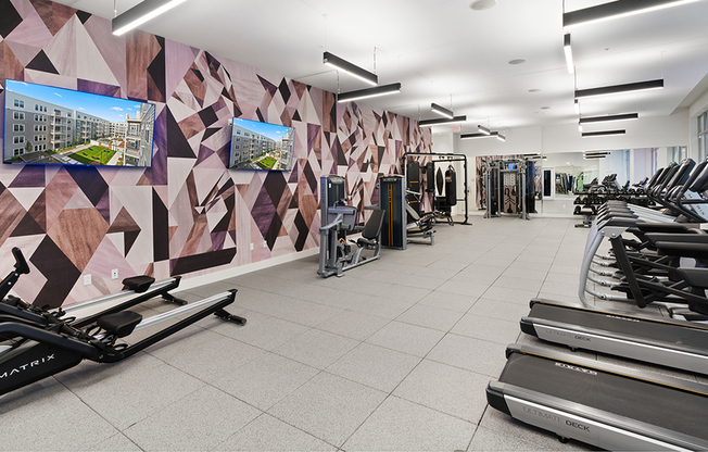 Expansive fitness studio with rowing staitons