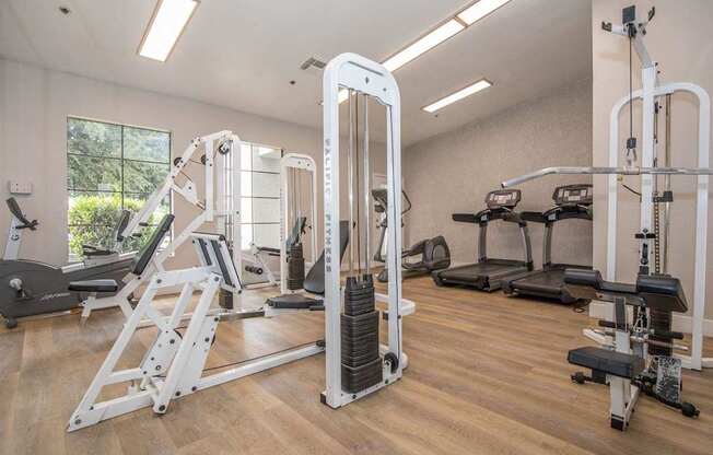 A gym with a variety of equipment including a leg press machine.