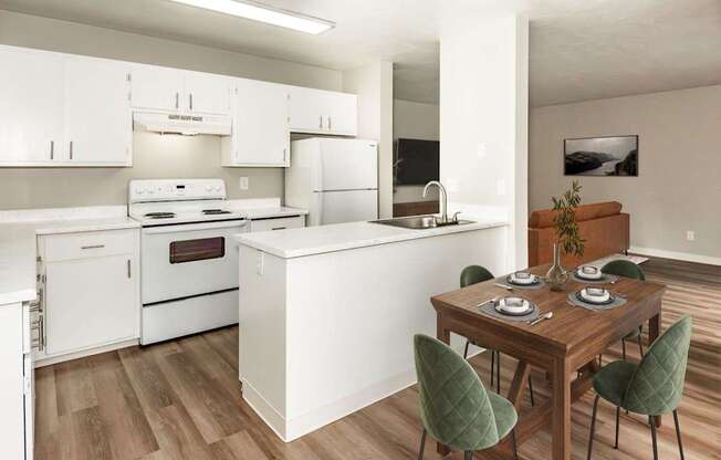 A kitchen with white appliances and a wooden table with green chairs.