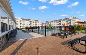 the preserve at ballantyne commons pool area with benches and buildings