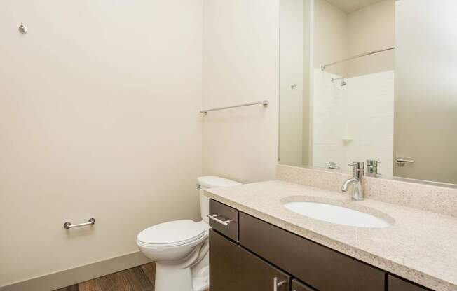 a bathroom with a sink and toilet and a mirror