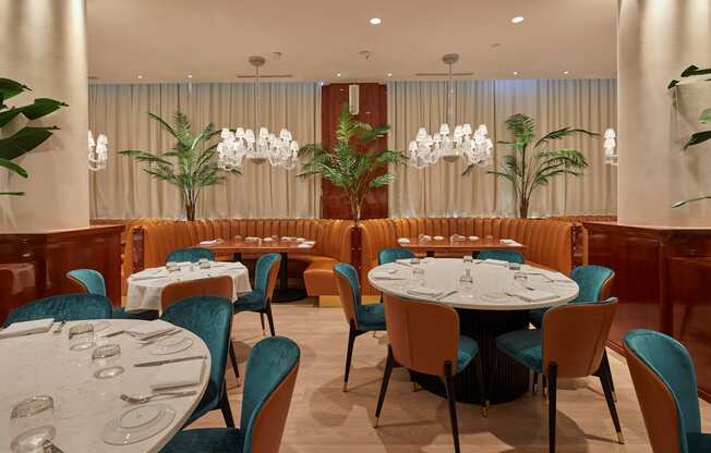 A dining room with round tables and chairs.