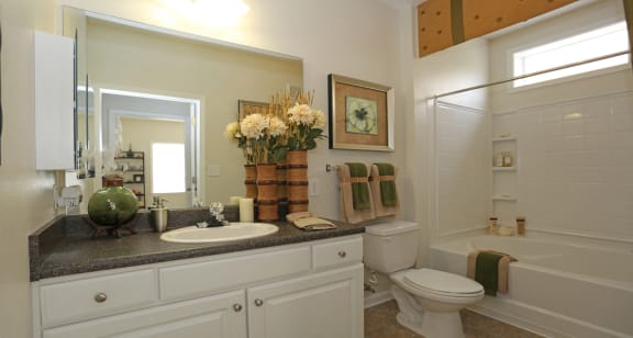 Guest bathroom with white vanity and window at The Columns at Bear Creek, FL