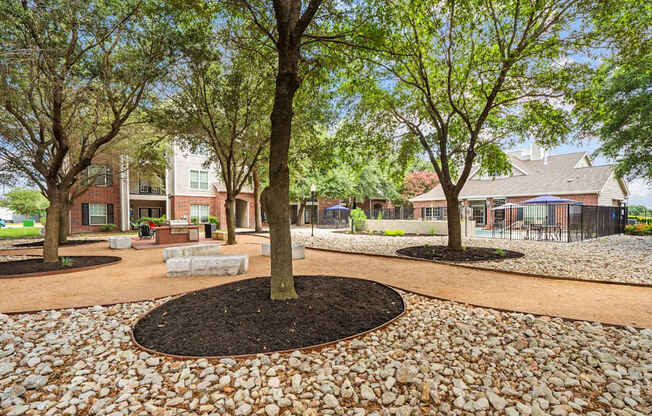 A tree in a circle of dirt is in the middle of a circle of gravel.