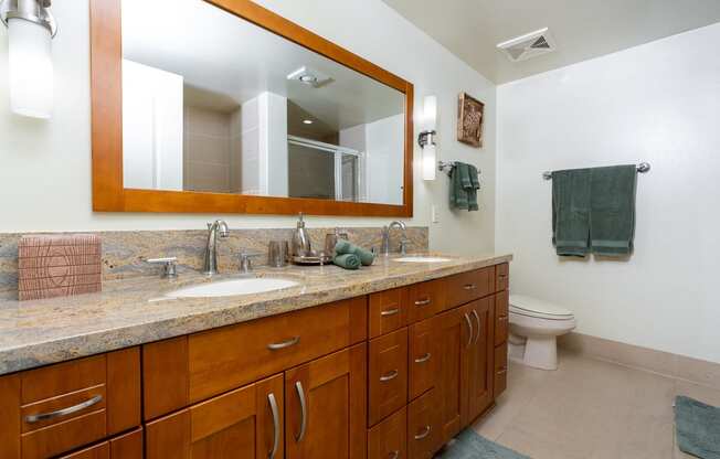 a bathroom with a large vanity and a toilet