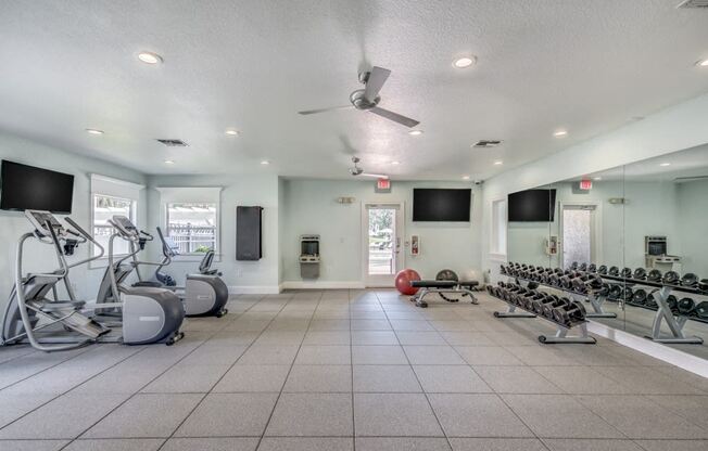 Fitness center with two tv's, cardio machines and free wights