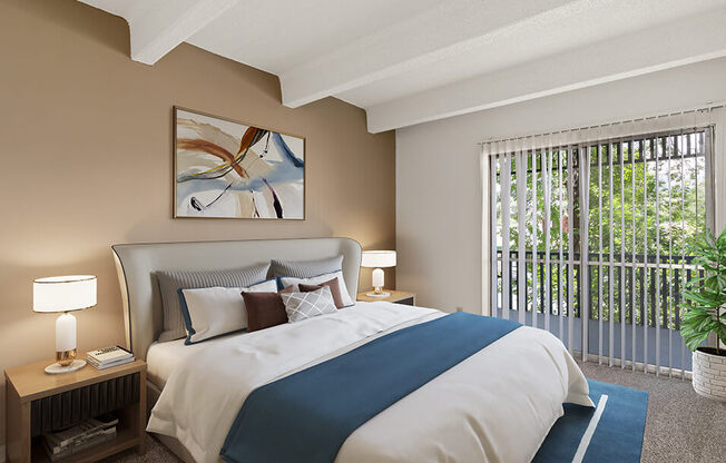 spacious bedroom with large windows