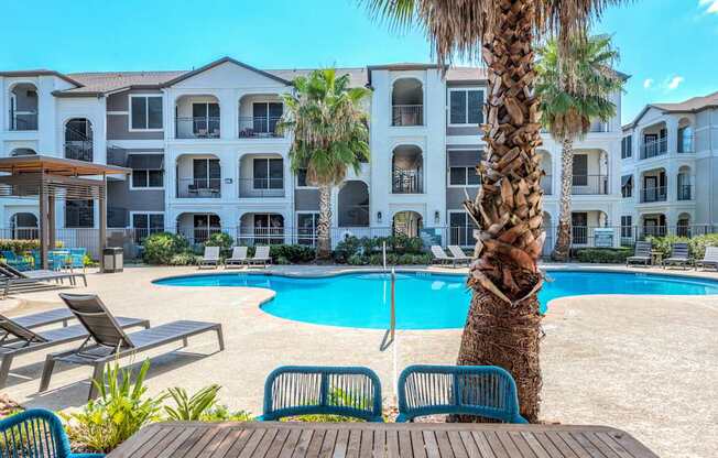 A palm tree stands in front of a pool at a resort.