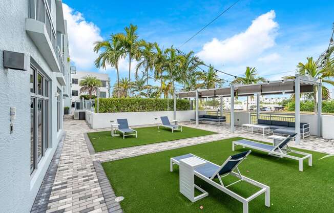 a yard with lawn chairs and a building with palm trees