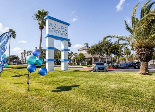 a zure sign in the middle of a park with balloons