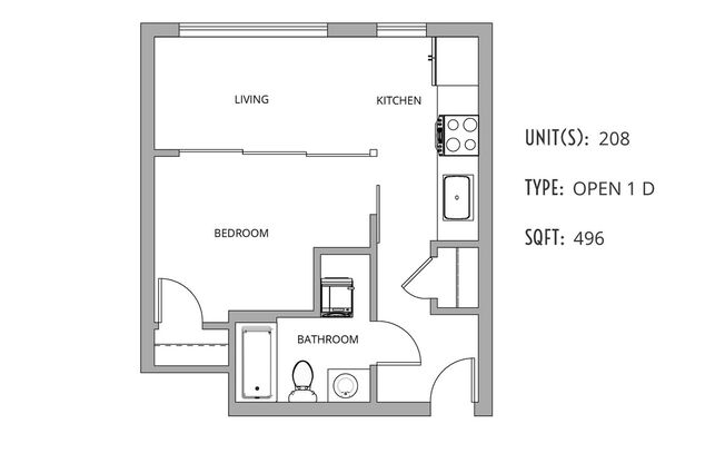 1 bed, 1 bath, 496 sqft, $1,670, Unit 208