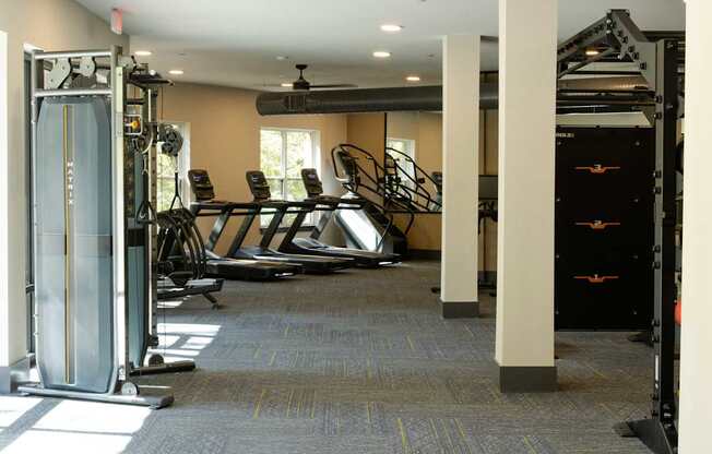 A gym with a variety of equipment including a squat rack, bench press, and a rowing machine.