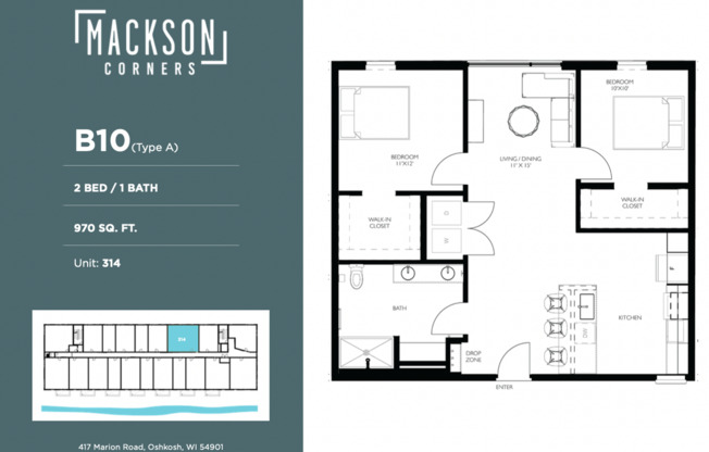 2 beds, 1 bath, 970 sqft, $1,950, Unit 314