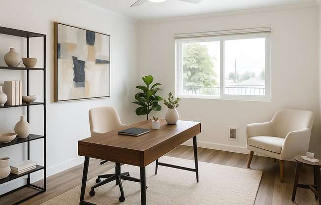 A room with a desk, chair, and shelf with vases.