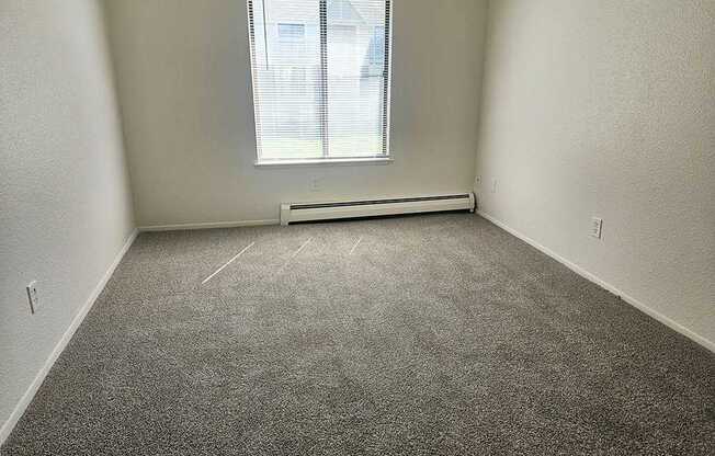 A room with a window and a radiator on the floor.