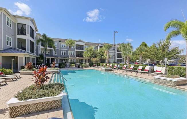 Poolside area featuring lounge chairs and palm trees at Lotus at Starkey Ranch in Odessa, Florida.