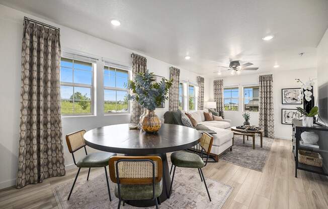 a living room with a table and a couch