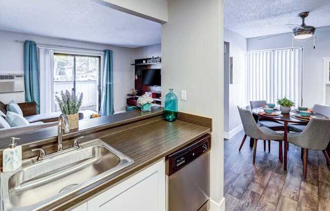 A kitchen with a stainless steel sink and dishwasher.